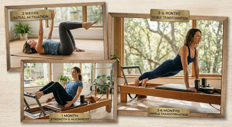 A woman practicing Pilates over three distinct timeline phases